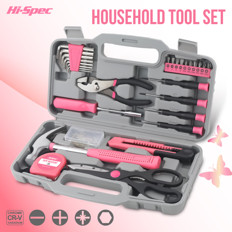 Woodworking Hammer - Hi-Spec 62pc Pink/Black Home Tool Set